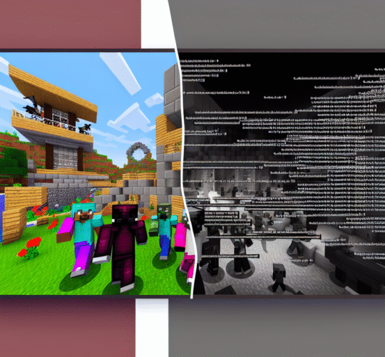 alt_text: A split image showing Minecraft chat: vibrant teamwork on one side, dark negativity on the other.