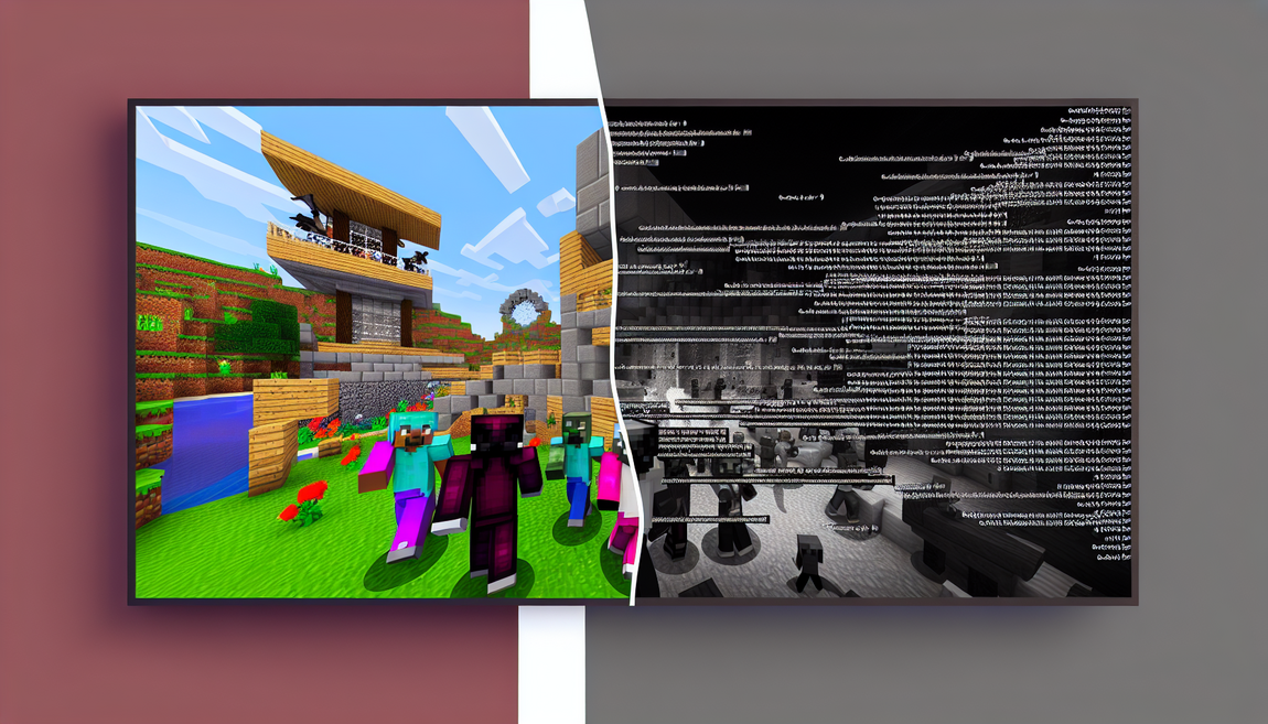 alt_text: A split image showing Minecraft chat: vibrant teamwork on one side, dark negativity on the other.