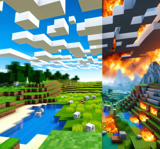 alt_text: Minecraft landscape contrasts peaceful exploration and chaos, highlighting cheat mode's pros and cons.